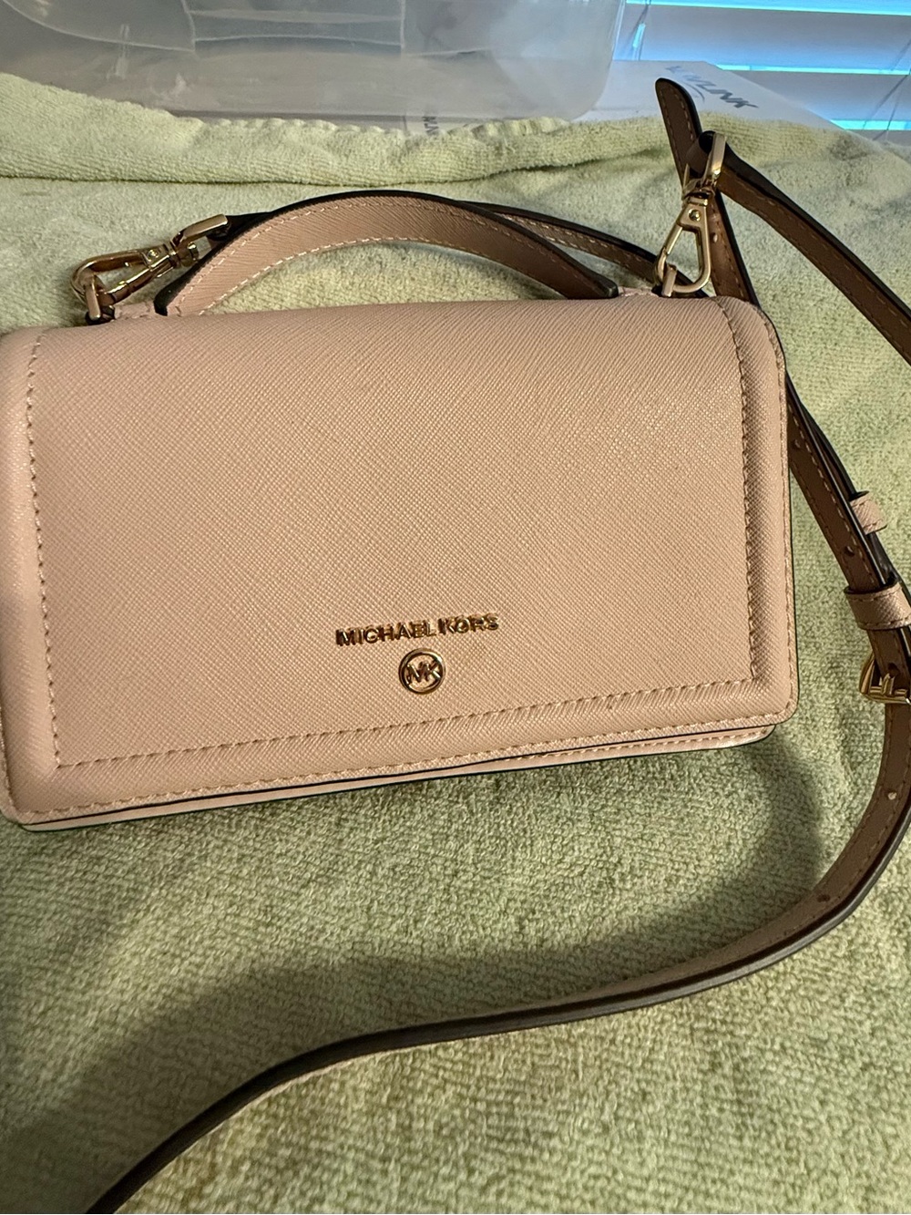 Michael Kors Pale Pink Saffiano Leather Crossbody Bag with Gold Hardware
